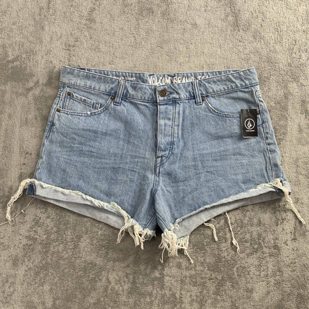 Volcom Shorts Womens 32 Stone Rolled Jorts Buttonfly Distressed Cuffed Denim